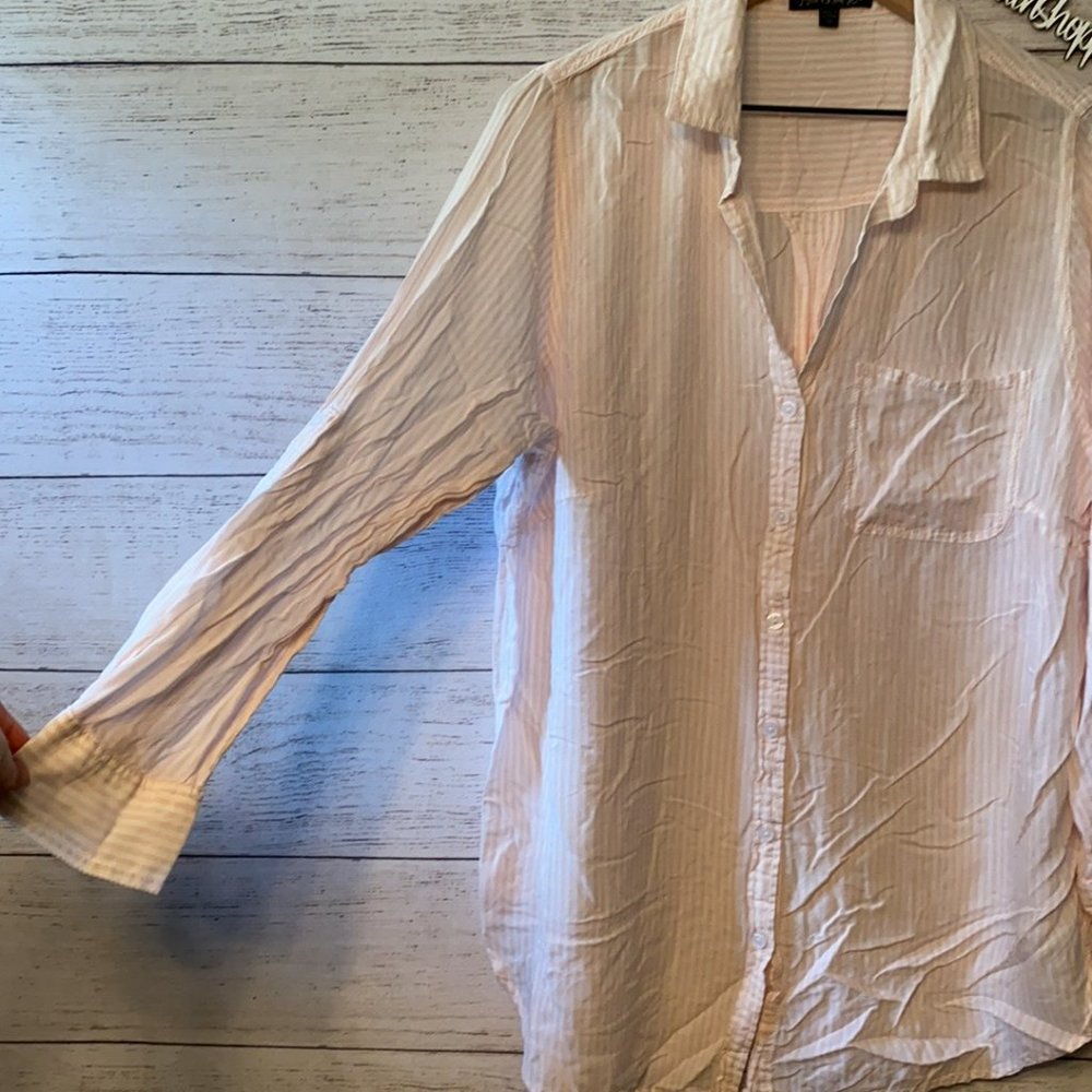New Leaf Pink White Pinstripe Button Down Blouse Plus 1X - Picture 4 of 10